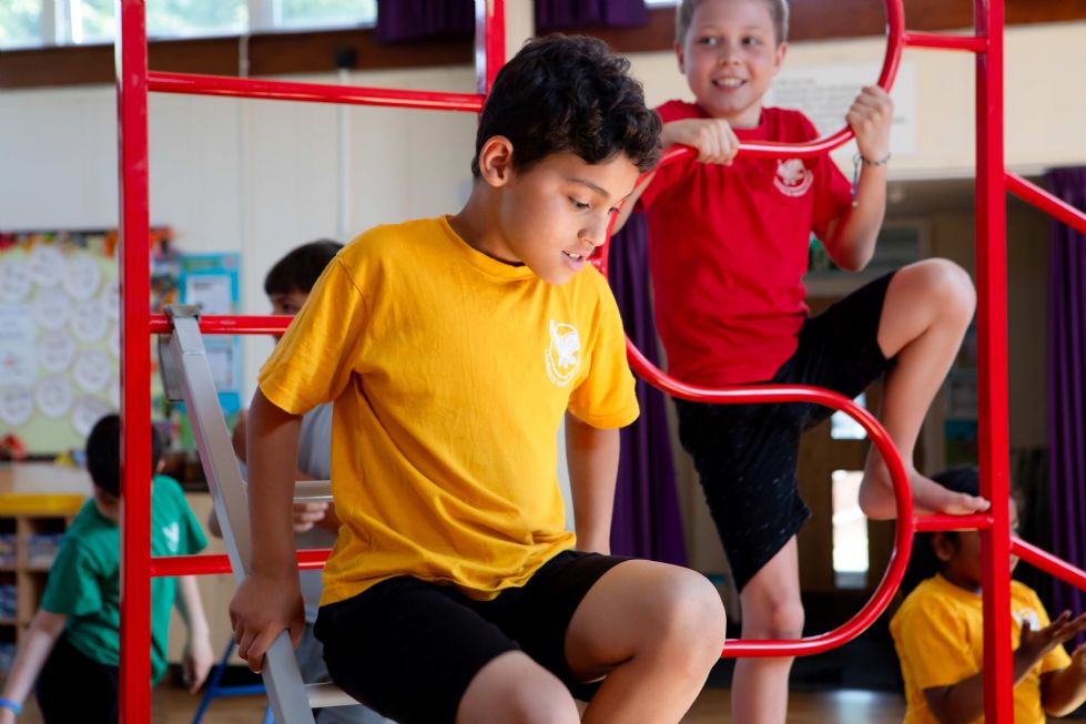  2 pupils in PE kit play on PE climbing equipment in the school hall